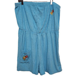 Vtg Terry Cloth Romper 2XL Strapless Blue Beach Pool 70s 80s Summer Embroidered
